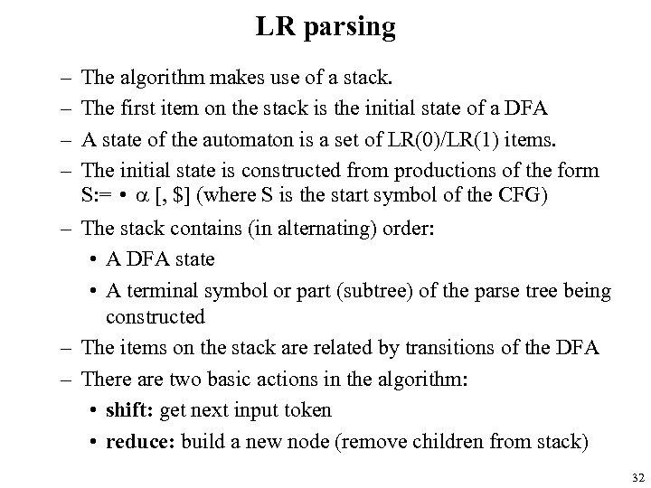 LR parsing – – The algorithm makes use of a stack. The first item