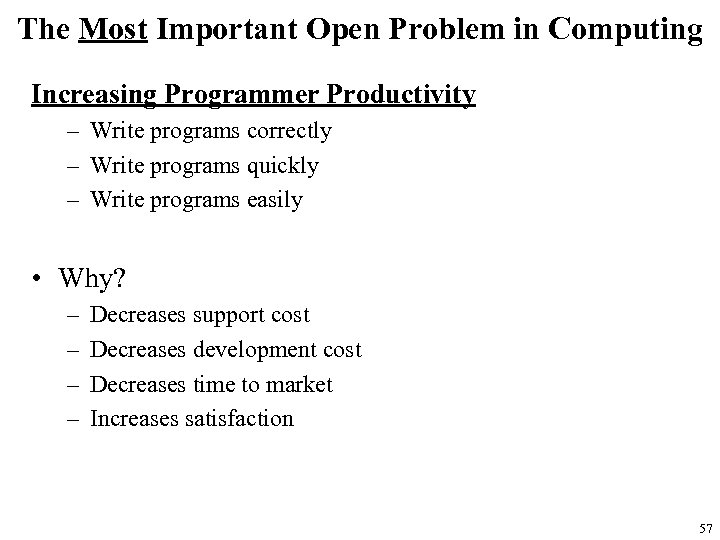 The Most Important Open Problem in Computing Increasing Programmer Productivity – Write programs correctly