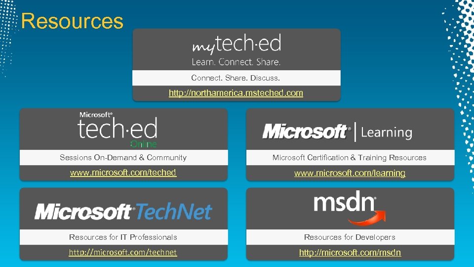 Resources Connect. Share. Discuss. http: //northamerica. msteched. com Sessions On-Demand & Community Microsoft Certification