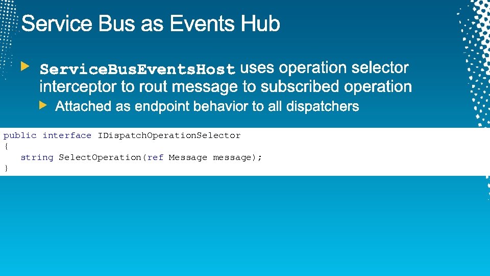 public interface IDispatch. Operation. Selector { string Select. Operation(ref Message message); } 