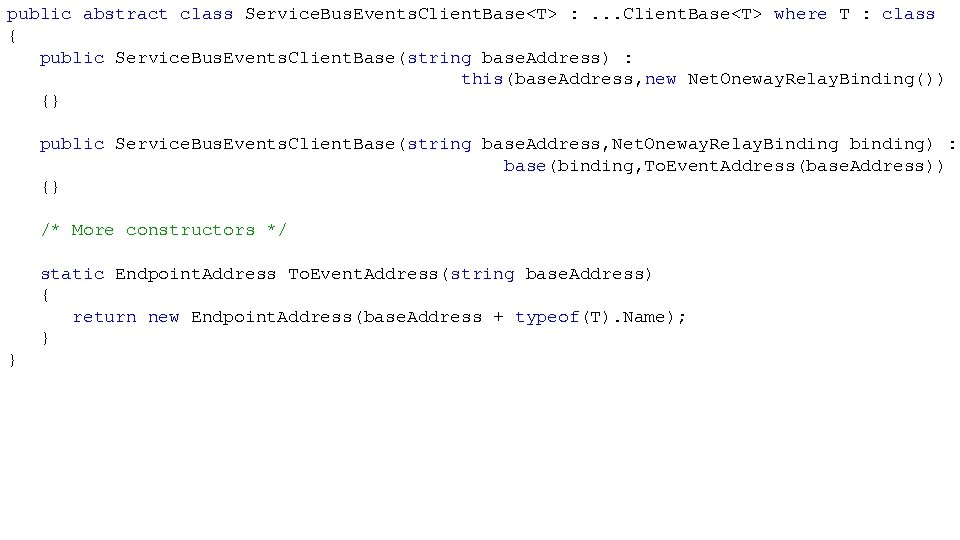 public abstract class Service. Bus. Events. Client. Base<T> : . . . Client. Base<T>