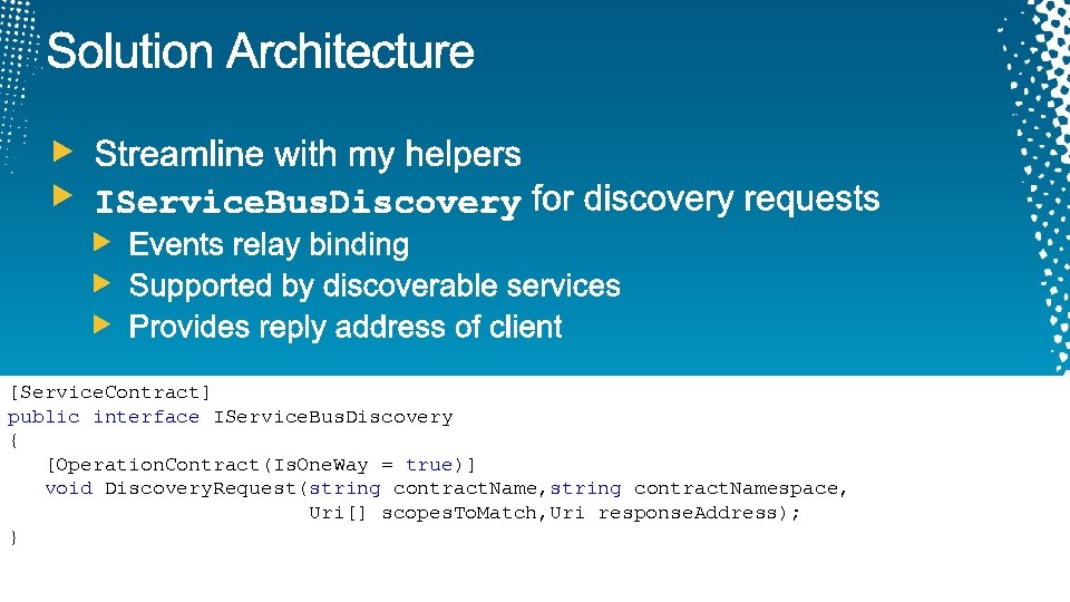 [Service. Contract] public interface IService. Bus. Discovery { [Operation. Contract(Is. One. Way = true)]