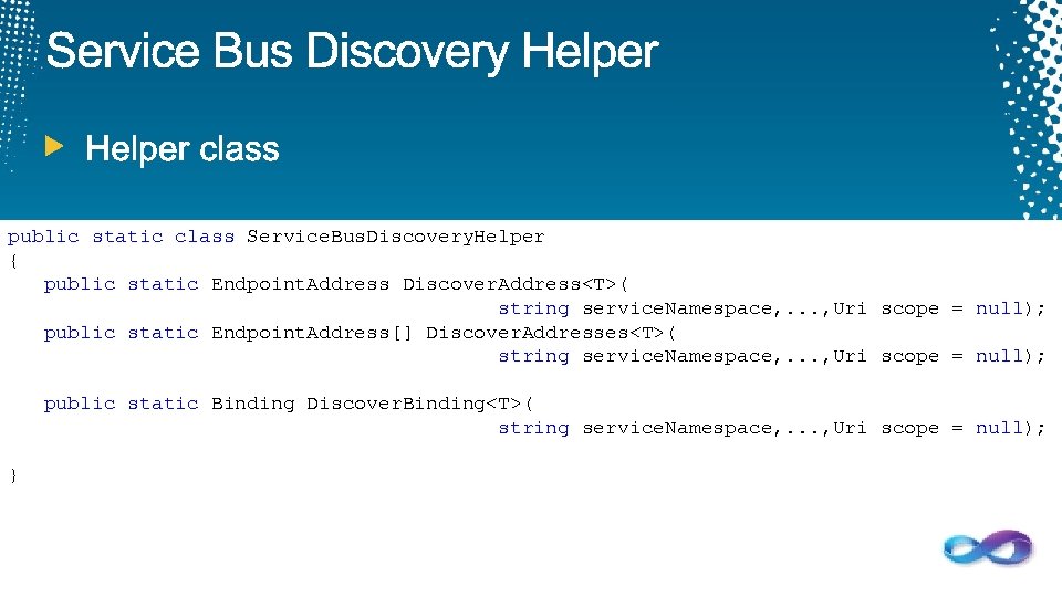 public static class Service. Bus. Discovery. Helper { public static Endpoint. Address Discover. Address<T>(