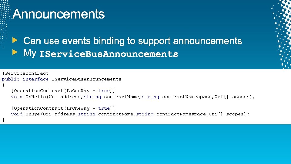 [Service. Contract] public interface IService. Bus. Announcements { [Operation. Contract(Is. One. Way = true)]