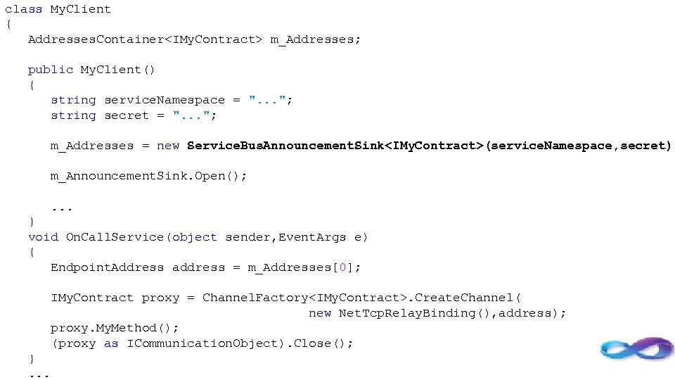 class My. Client { Addresses. Container<IMy. Contract> m_Addresses; public My. Client() { string service.