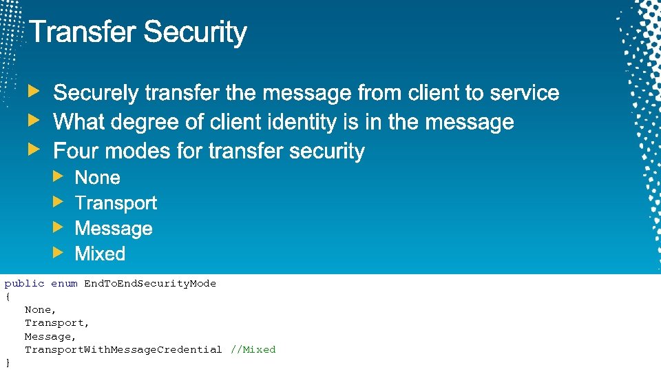 public enum End. To. End. Security. Mode { None, Transport, Message, Transport. With. Message.