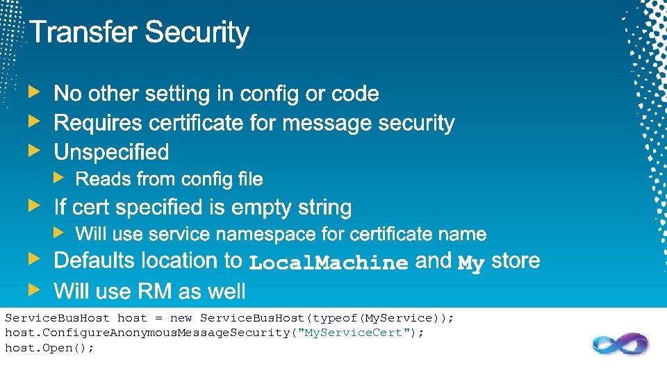 Service. Bus. Host host = new Service. Bus. Host(typeof(My. Service)); host. Configure. Anonymous. Message.
