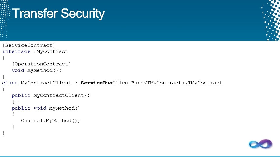 [Service. Contract] interface IMy. Contract { [Operation. Contract] void My. Method(); } class My.