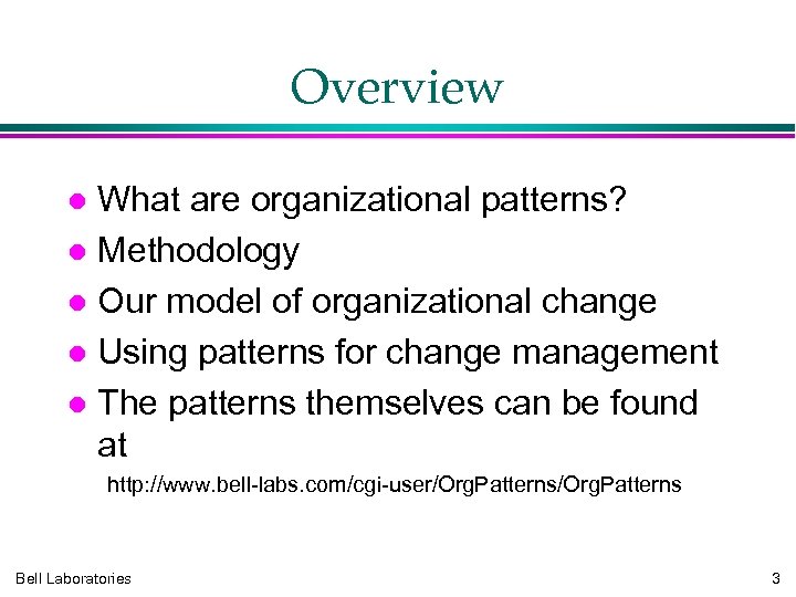 Overview What are organizational patterns? Methodology Our model of organizational change Using patterns for