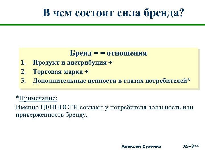 В чем состоит сила бренда? Бренд = = отношения 1. Продукт и дистрибуция +