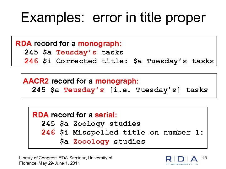 Examples: error in title proper RDA record for a monograph: 245 $a Teusday’s tasks