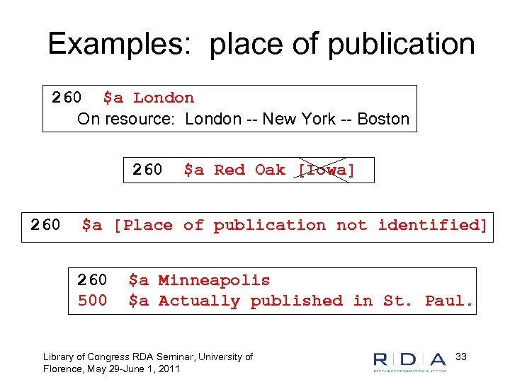 Examples: place of publication 260 $a London On resource: London -- New York --