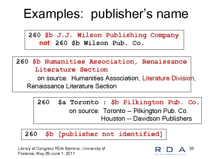 Examples: publisher’s name 260 $b J. J. Wilson Publishing Company not: 260 $b Wilson