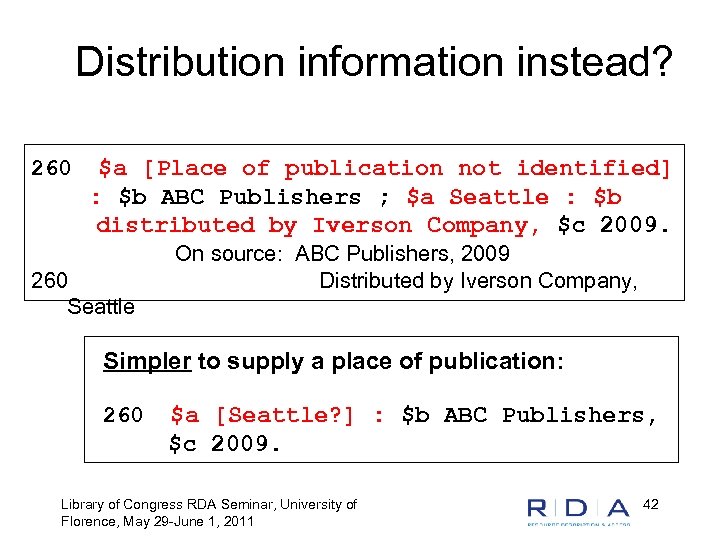 Distribution information instead? 260 $a [Place of publication not identified] : $b ABC Publishers