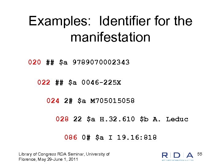 Examples: Identifier for the manifestation 020 ## $a 9789070002343 022 ## $a 0046 -225
