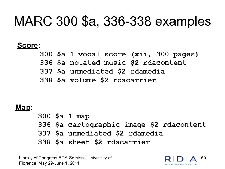 MARC 300 $a, 336 -338 examples Score: 300 336 337 338 $a $a 1