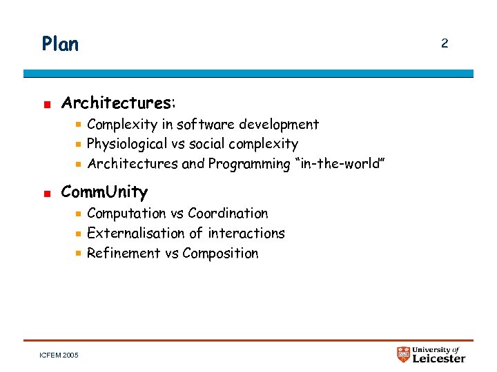 Plan 2 Architectures: Complexity in software development Physiological vs social complexity Architectures and Programming