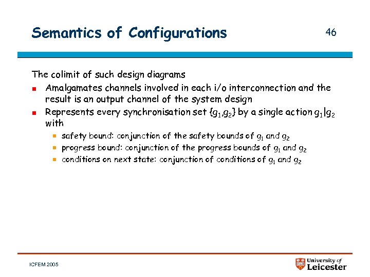 Semantics of Configurations 46 The colimit of such design diagrams Amalgamates channels involved in