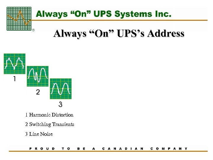 Always “On” UPS’s Address 1 Harmonic Distortion 2 Switching Transients 3 Line Noise 