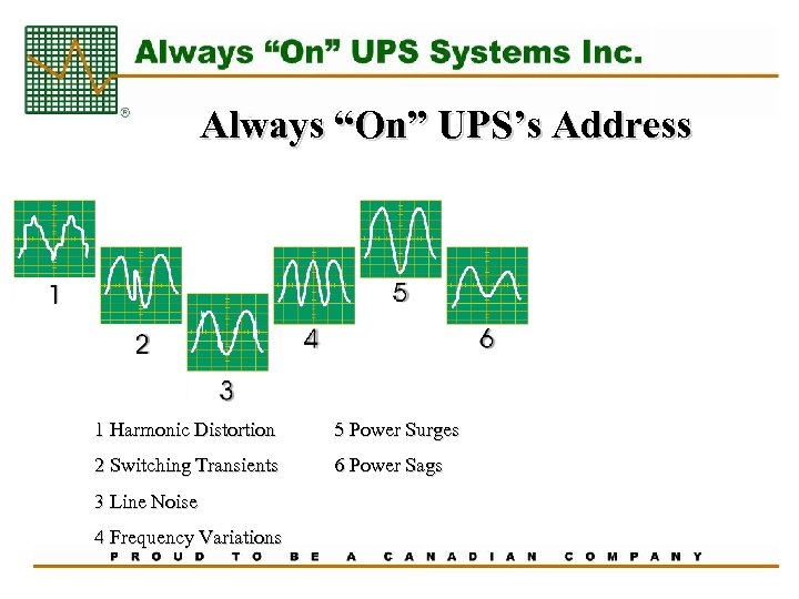 Always “On” UPS’s Address 1 Harmonic Distortion 5 Power Surges 2 Switching Transients 6