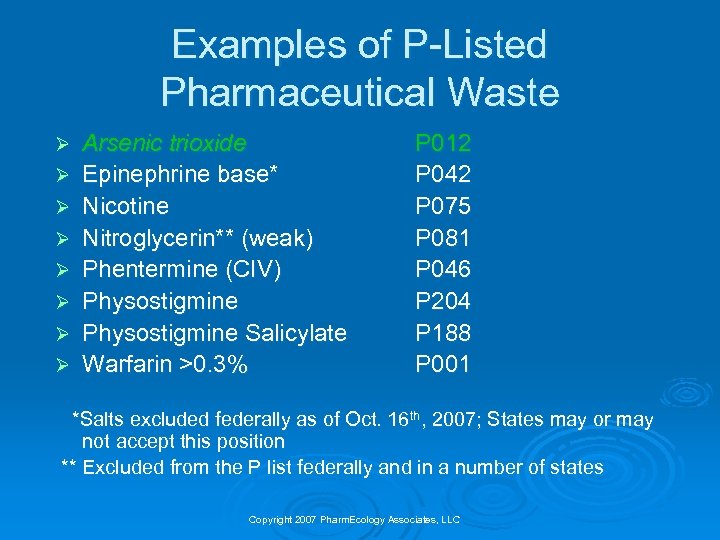 Examples of P-Listed Pharmaceutical Waste Ø Ø Ø Ø Arsenic trioxide Epinephrine base* Nicotine