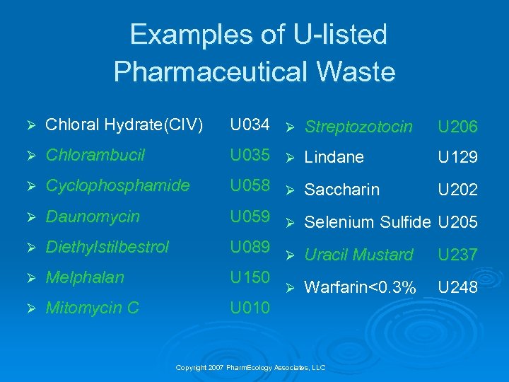 Examples of U-listed Pharmaceutical Waste Ø Chloral Hydrate(CIV) U 034 Ø Streptozotocin U 206