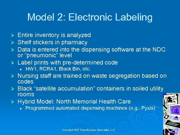 Model 2: Electronic Labeling Entire inventory is analyzed Shelf stickers in pharmacy Data is