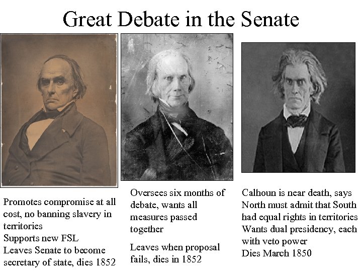 Great Debate in the Senate Promotes compromise at all cost, no banning slavery in