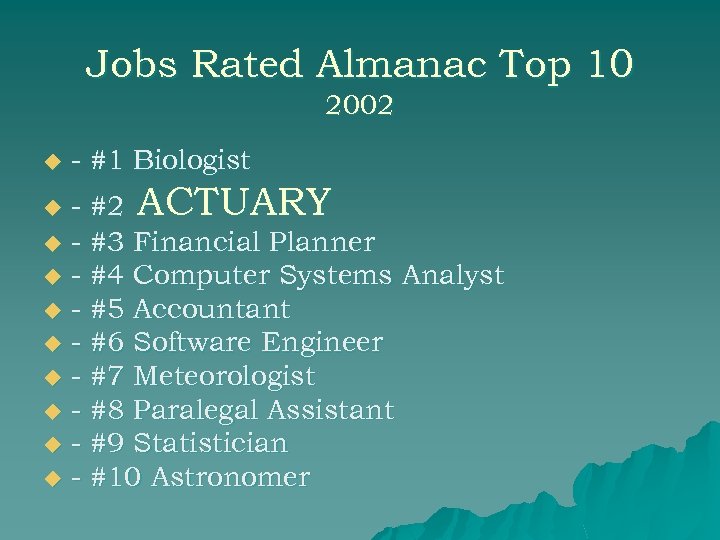 Jobs Rated Almanac Top 10 2002 u - #1 Biologist - #2 ACTUARY u