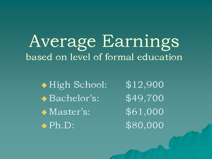 Average Earnings based on level of formal education u High School: u Bachelor’s: u