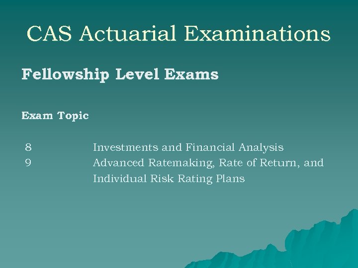 CAS Actuarial Examinations Fellowship Level Exams Exam Topic 8 9 Investments and Financial Analysis