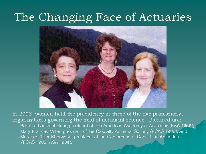 The Changing Face of Actuaries In 2003, women held the presidency in three of