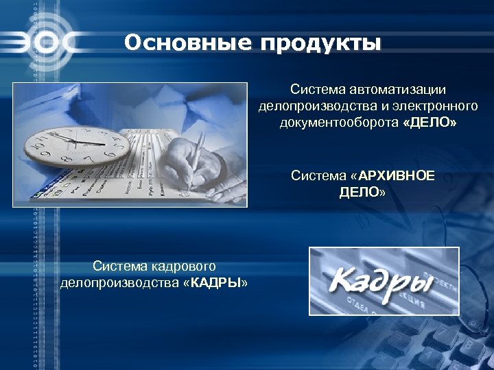 Основные продукты Система автоматизации делопроизводства и электронного документооборота «ДЕЛО» Система «АРХИВНОЕ ДЕЛО» Система кадрового