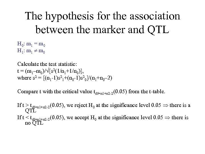 The hypothesis for the association between the marker and QTL H 0: m 1