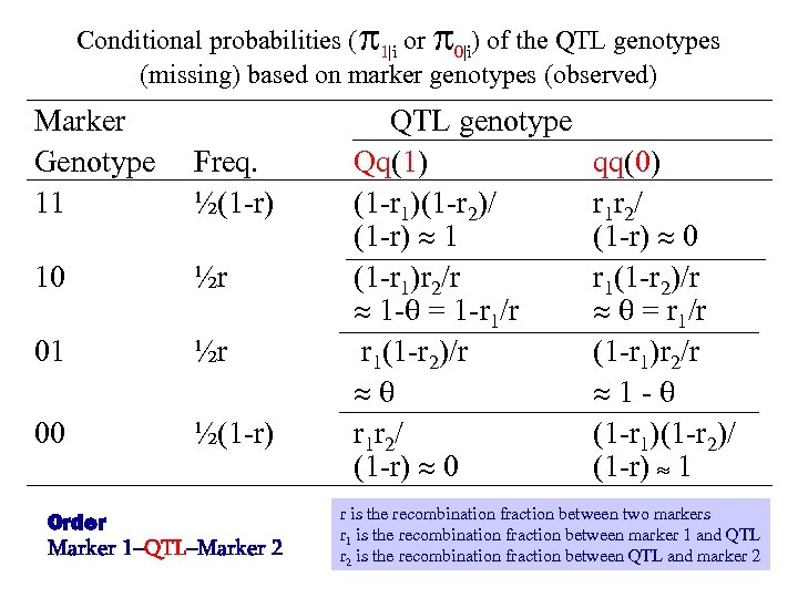 Conditional probabilities ( 1|i or 0|i) of the QTL genotypes (missing) based on marker