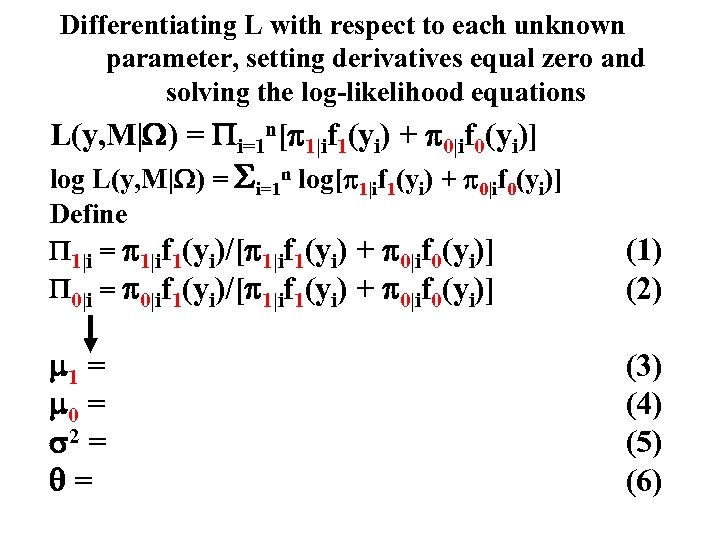Differentiating L with respect to each unknown parameter, setting derivatives equal zero and solving