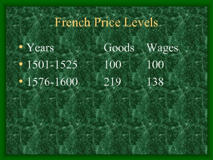 French Price Levels • Years • 1501 -1525 • 1576 -1600 Goods Wages 100