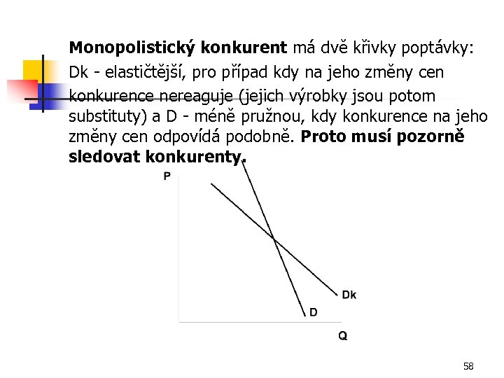 Monopolistický konkurent má dvě křivky poptávky: Dk - elastičtější, pro případ kdy na jeho