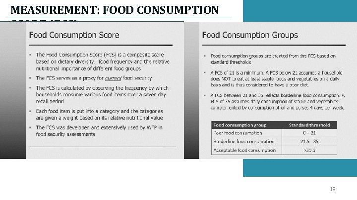 MEASUREMENT: FOOD CONSUMPTION SCORE (FCS) 13 