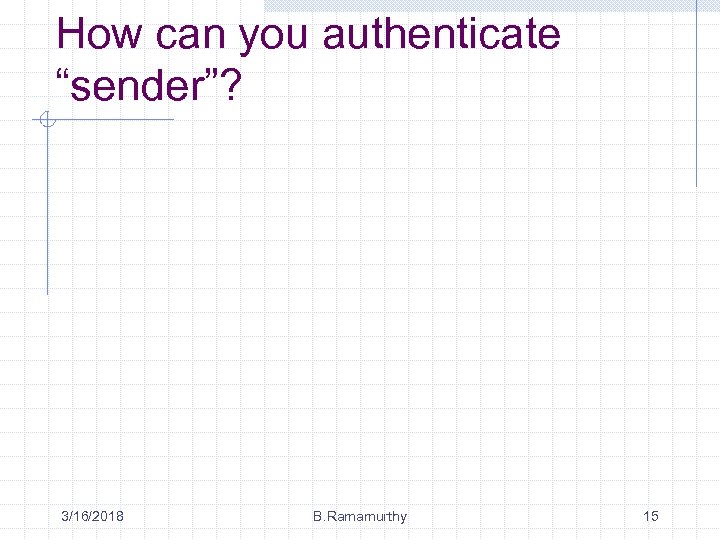 How can you authenticate “sender”? 3/16/2018 B. Ramamurthy 15 