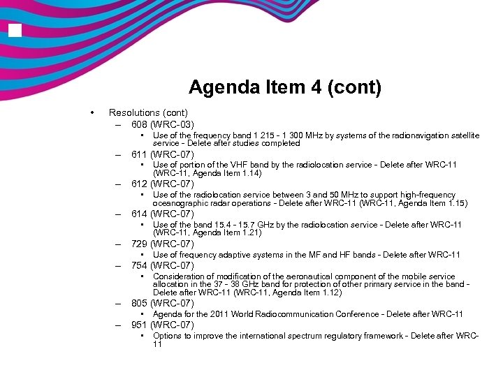 n Agenda Item 4 (cont) • Resolutions (cont) – 608 (WRC-03) • Use of
