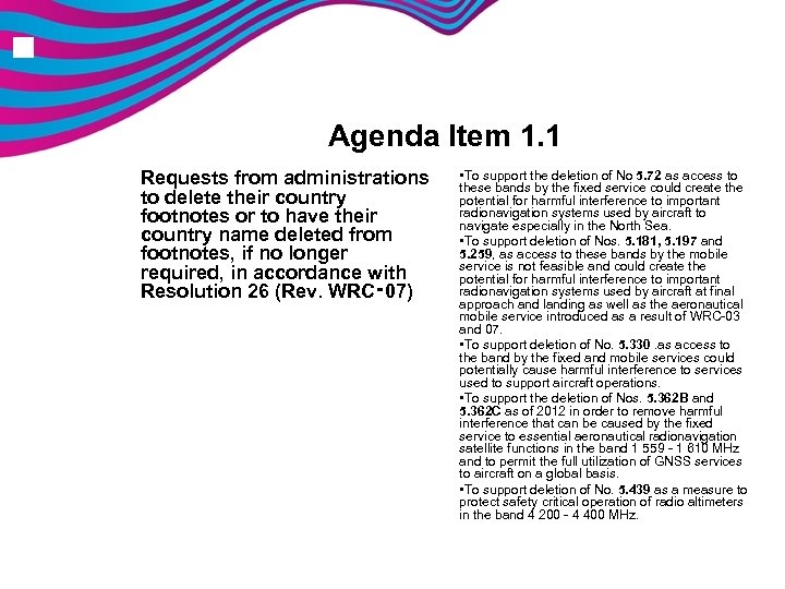 n Agenda Item 1. 1 Requests from administrations to delete their country footnotes or