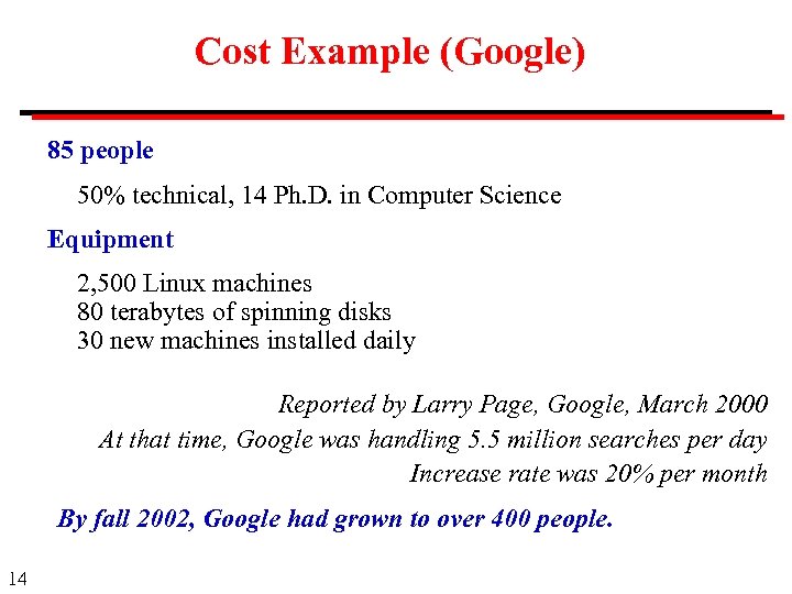 Cost Example (Google) 85 people 50% technical, 14 Ph. D. in Computer Science Equipment