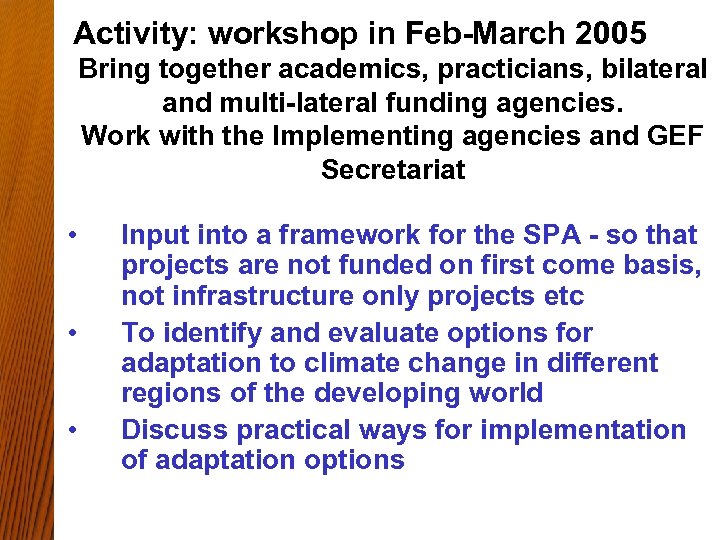 Activity: workshop in Feb-March 2005 Bring together academics, practicians, bilateral and multi-lateral funding agencies.