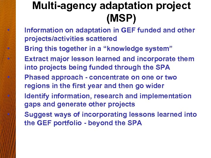 Multi-agency adaptation project (MSP) • • • Information on adaptation in GEF funded and