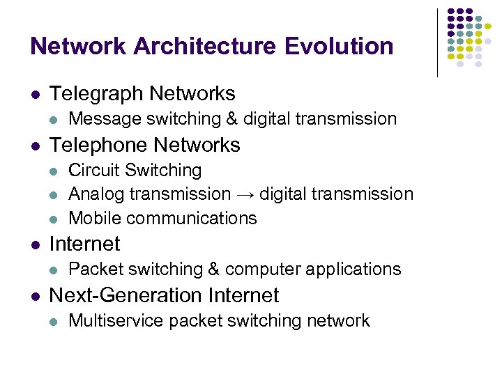 Network Architecture Evolution l Telegraph Networks l l Telephone Networks l l Circuit Switching