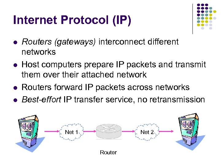 Internet Protocol (IP) l l Routers (gateways) interconnect different networks Host computers prepare IP