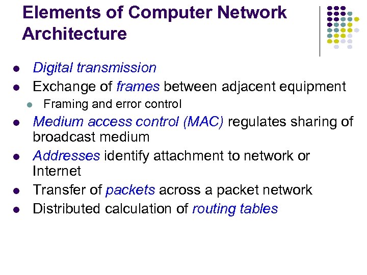 Elements of Computer Network Architecture l l Digital transmission Exchange of frames between adjacent