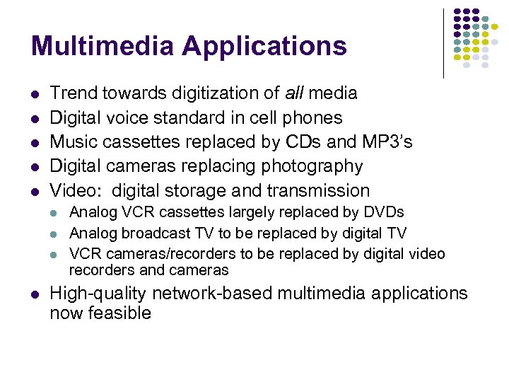 Multimedia Applications l l l Trend towards digitization of all media Digital voice standard