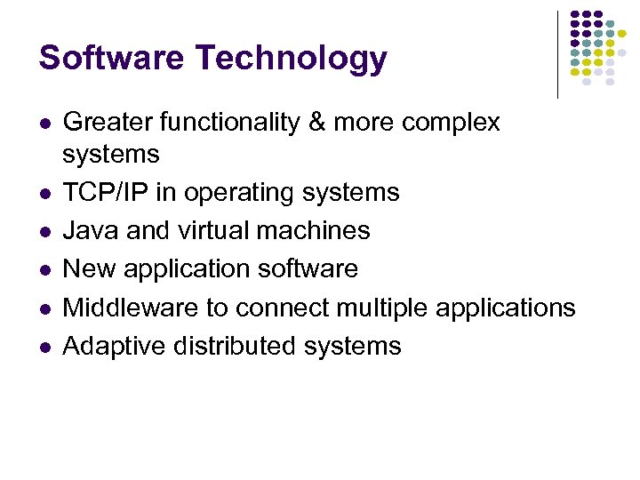 Software Technology l l l Greater functionality & more complex systems TCP/IP in operating
